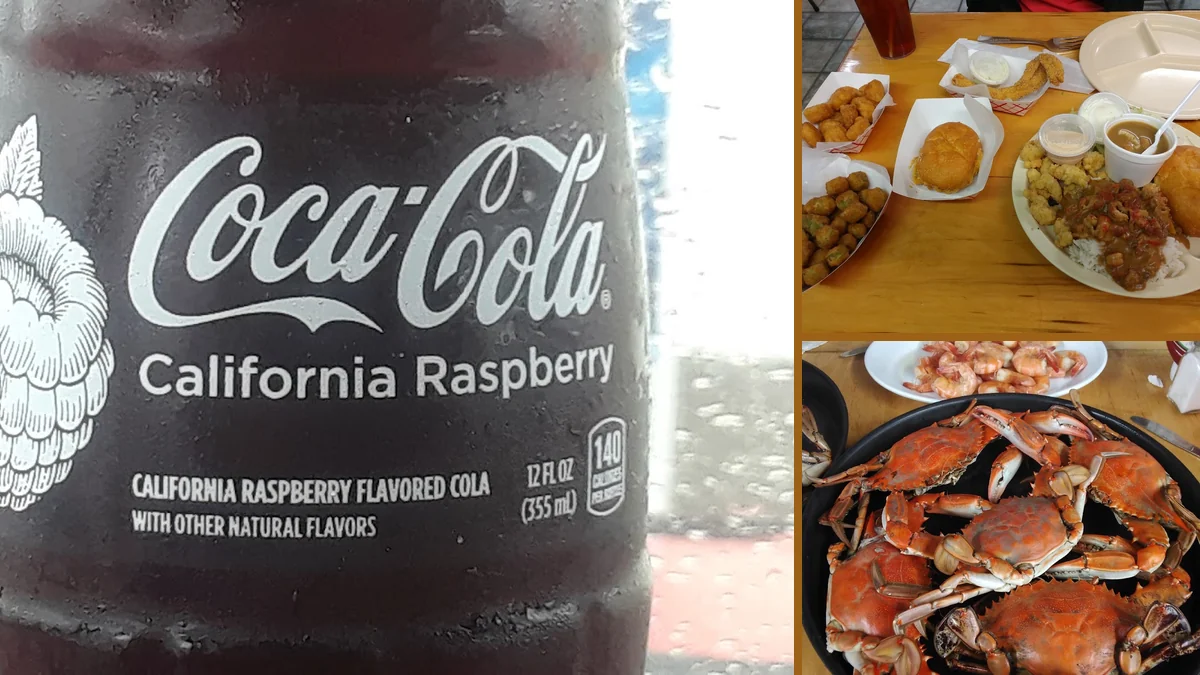 Boiled seafood served on simple cafeteria-style tables.