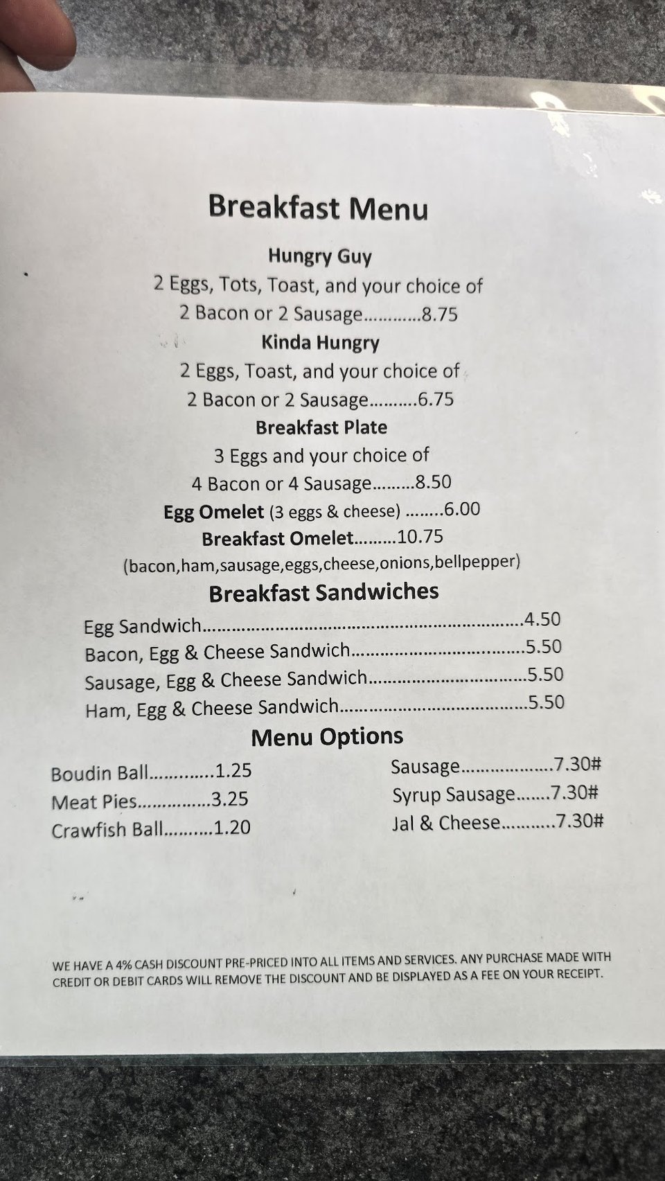 Takeout menu for crab and crawfish dishes.