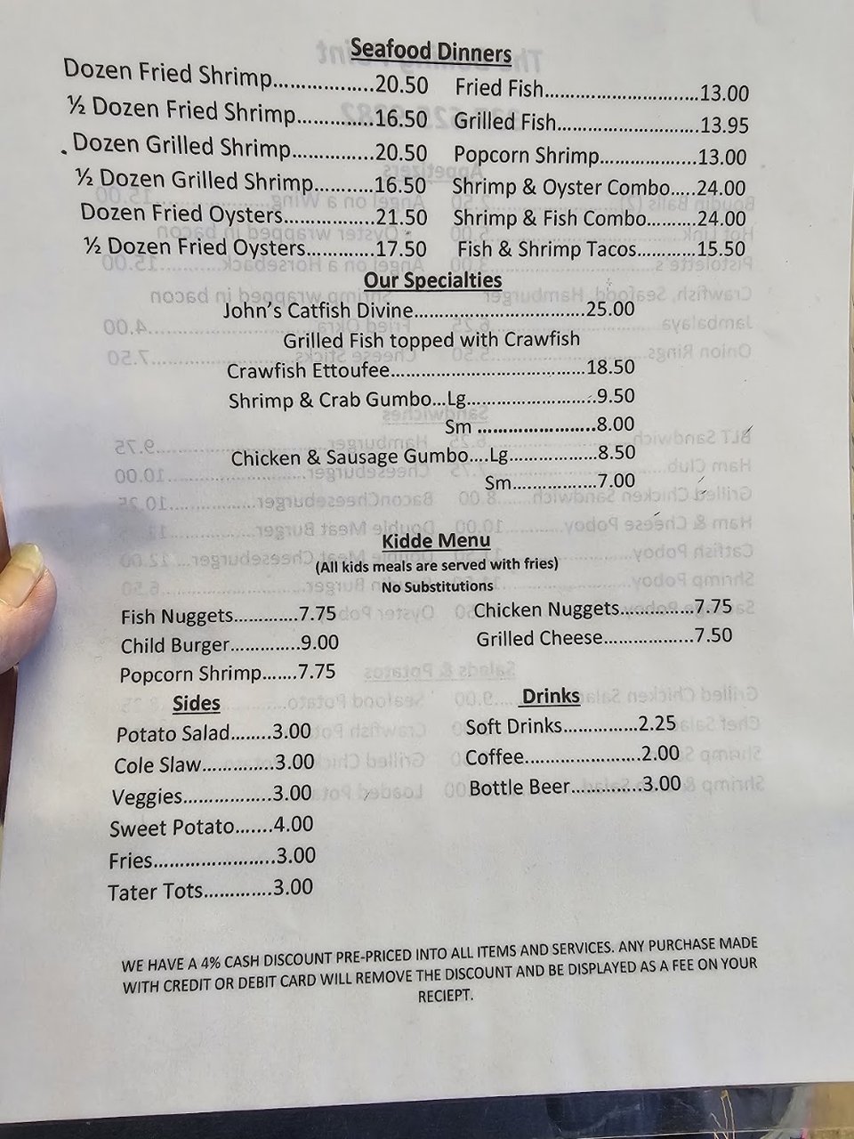 Printed seafood menu for boiled dinner orders.