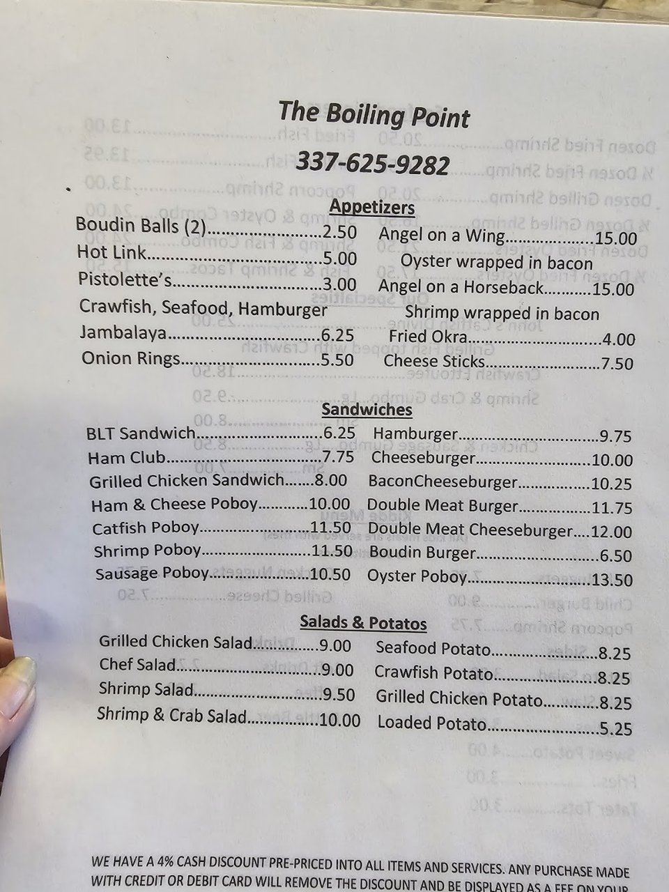Menu page for Cajun seafood dinners.